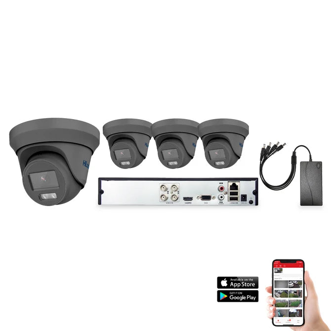 HiLook ColorVu 4 Camera 4ch AoC 3K 40m CCTV Kit – Grey (HI-KIT-TVI-COL-3K-40M-4-GR)