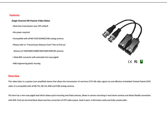 Passive Video Balun – Push-Pin Terminal (HA-B420P)