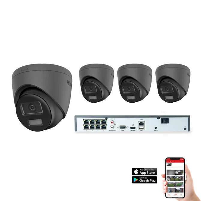HiLook IP Hybrid ColorVu 4 Camera 8ch 4K 8MP 30m CCTV Kit – Grey (HI-KIT-IPC-HYB-8MP-4-GR)